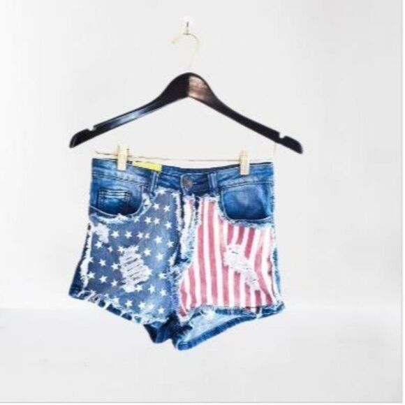Machine Womens Shorts Blue 28 Flag Distressed Booty Jean High Waisted - Picture 7 of 7